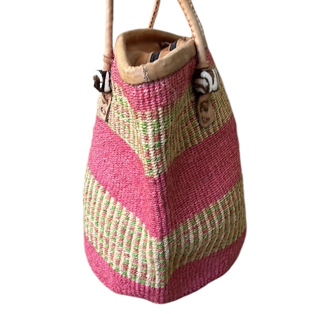 Kenyan Pink Green Tan Hand Woven Sisal & Leather Beaded Straw Zipper Tote Bag - Picture 7 of 15